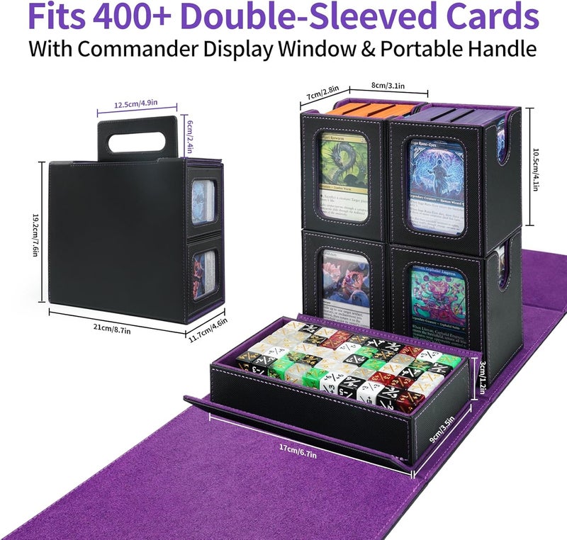 AFIING Commander Deck Box for MTG, Holds 400+ Double-Sleeved Cards, 4 Removable Deck Cases with Display Window, Dice Tray/Handle,Trading Card Storage Organizer/Dividers for TCG (Black Purple) - Image 2